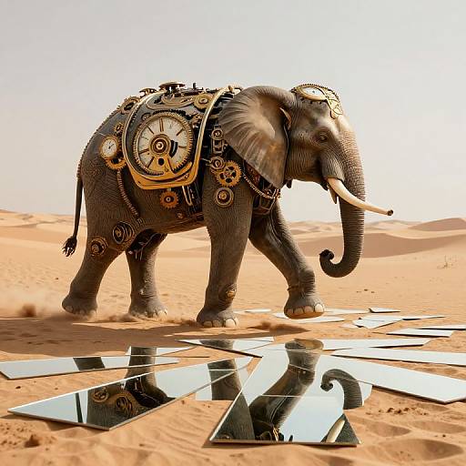 Photorealistic CGI of a steampunk elephant adorned with gears, clock faces, and chains, walking in a sandy desert with scattered mirrors reflecting its