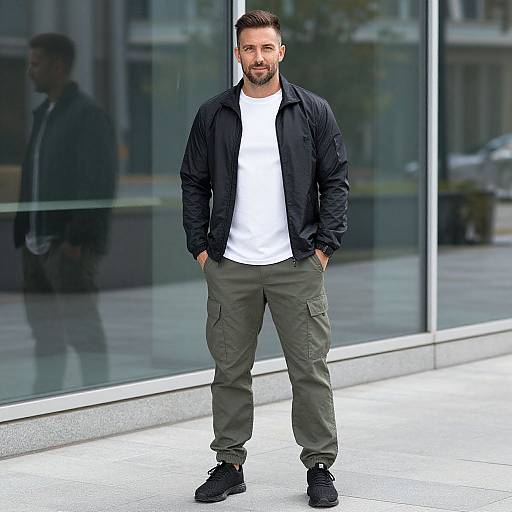 Photograph of a bearded man with short dark hair, wearing a black jacket, white t-shirt, olive cargo pants, and black sneakers, standing