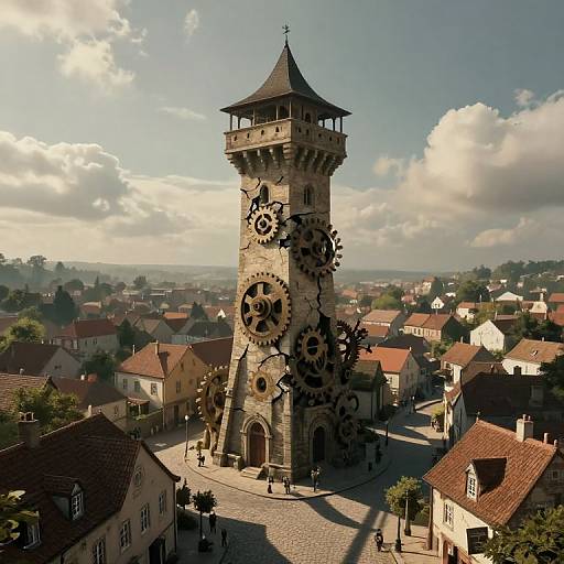 Photograph of a clock tower with large, black, gear-like designs, standing in a sunlit, European village with red-tiled roofs and clear