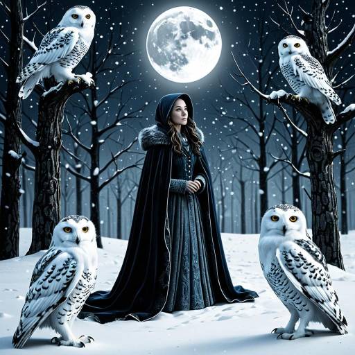 Mysterious Lady with Snowy Owls in Moonlight Forest