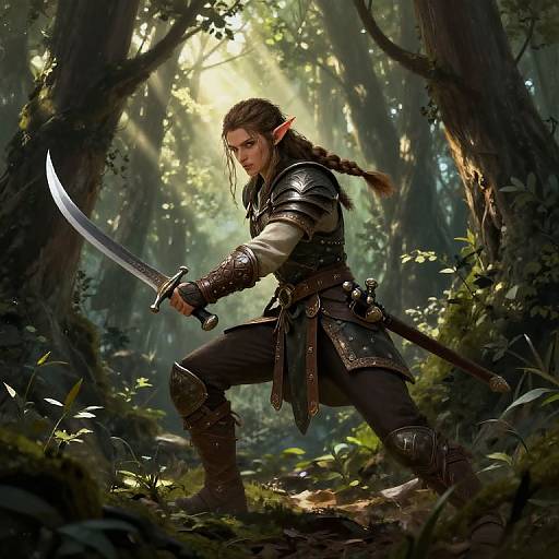 Digital fantasy artwork of an elven warrior with long braided hair, armored in dark metal, holding a curved sword in a sunlit forest.