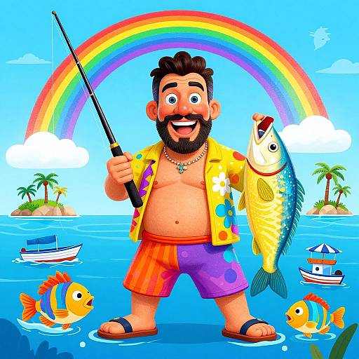 Whimsical Man Fishing with Fantasy