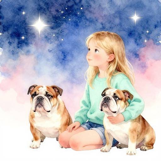 Digital illustration of a blonde girl in a green sweater, sitting with two English Bulldogs, against a starry, cosmic background.