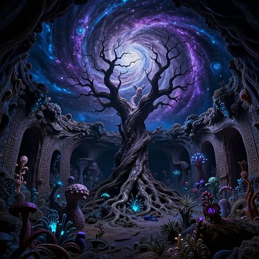 Fantastical digital artwork of a dark, mystical forest with a glowing, swirling galaxy above a twisted, leafless tree, surrounded by glowing mushrooms and