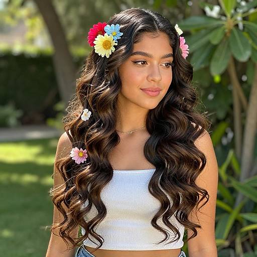 Photograph of a young woman with long, wavy dark hair, wearing a white crop top, adorned with colorful flowers in her hair, standing in
