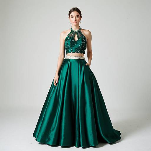 Woman in Emerald Green Silk Halter Dress