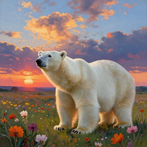 Photograph of a majestic white polar bear standing in a vibrant, colorful meadow of wildflowers during a stunning sunset with orange, pink, and purple