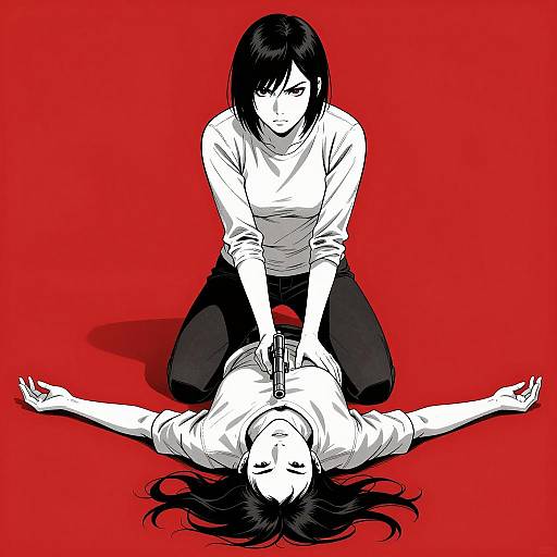 Intense Black and White Illustration of Two People with Red Background