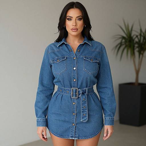 Photograph of a curvy woman with long black hair, wearing a blue denim dress with button details and belt, standing in a minimalist room with a