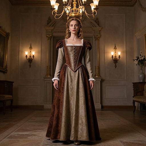Photograph of a young woman in a medieval-style brown and gold velvet dress with puffed sleeves, standing in an ornate, dimly-lit