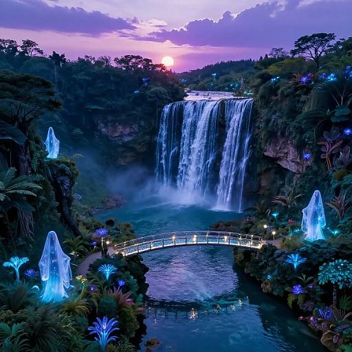 Photorealistic digital image of a luminous waterfall at twilight, with glowing blue fountains, a bridge, and a misty, forested background