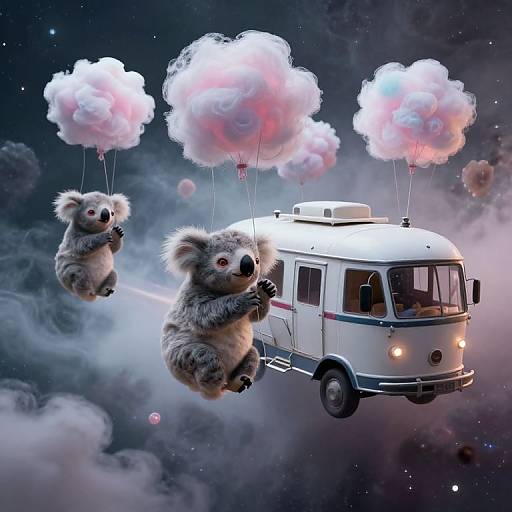 Digital artwork of three fluffy koalas floating on pink and white clouds, attached to a white vintage camper van in a starry, cosmic space background