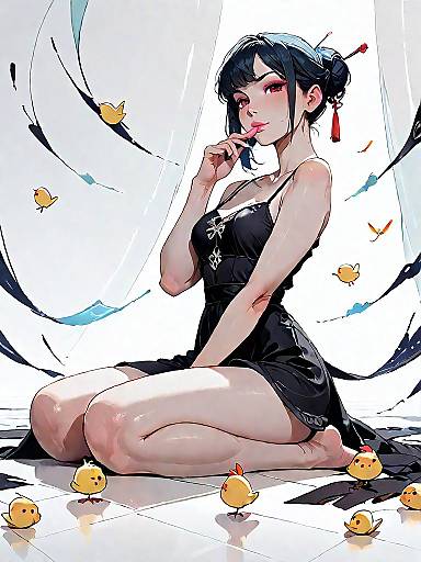 Stylish Woman in Black Dress with Chick Figurines