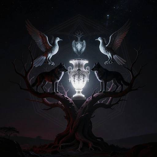 Digital art: Two white birds with outstretched wings, flanking two wolves, stand on a dark, twisted tree, illuminating a glowing,