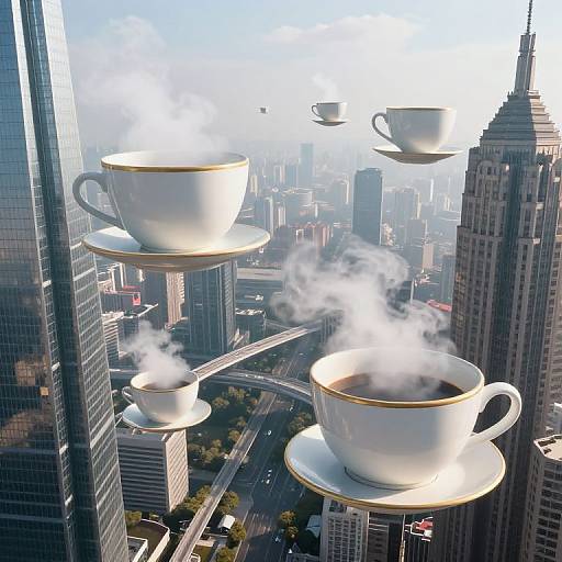 Photograph of giant, steaming white teacups with gold rims floating above a bustling cityscape, featuring skyscrapers and streets below.