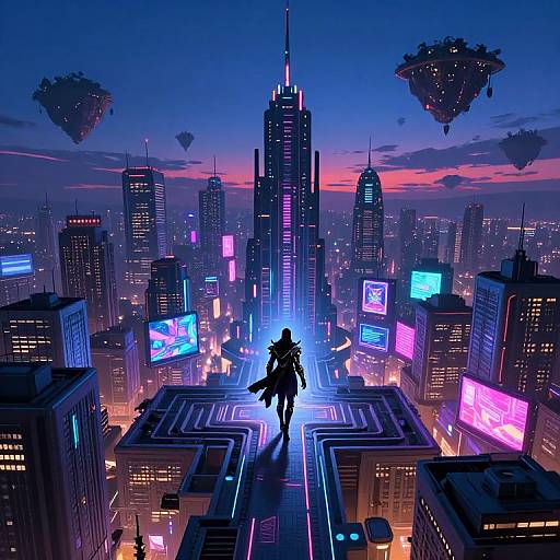 Digital art of a futuristic cityscape at dusk, featuring neon-lit skyscrapers, flying islands, and a silhouetted figure walking down