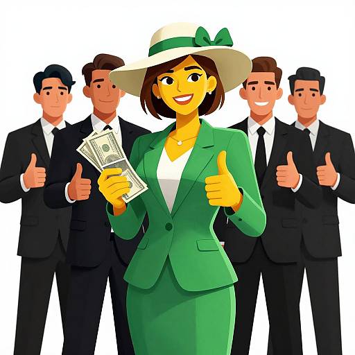 Digital illustration of a confident, smiling woman in a green suit and white hat, holding money, with five applauding men in black suits behind her.