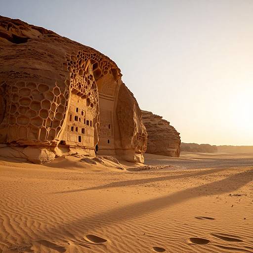 Photograph of a sunlit desert landscape with large, textured rock formations casting long shadows across golden sand dunes.