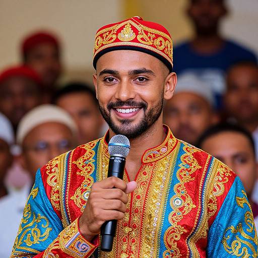 Photograph of a smiling South Asian man with a trimmed beard, wearing an ornate red and blue traditional outfit and cap, holding a microphone, standing