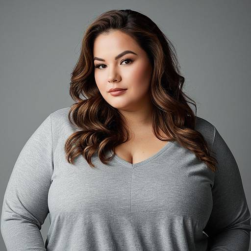 Portrait of Plus Size Woman in Gray V-Neck Shirt
