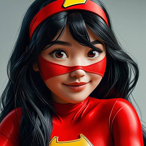 Digital portrait of an Asian woman with long black hair, wearing a red superhero costume, red mask, and yellow emblem, smiling softly.