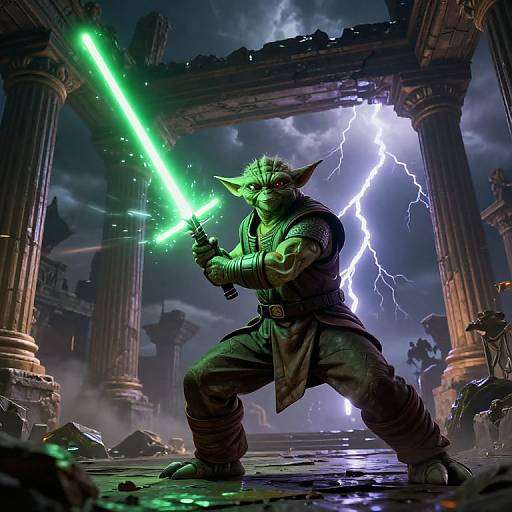 CGI fantasy scene: Goblin warrior with green glowing lightsaber, standing in ruined temple, lightning in stormy sky, dark and dramatic atmosphere.