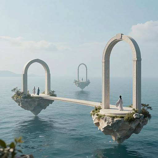 Digital artwork of two floating, arch-supported stone pathways over calm blue sea, with people in elegant clothing walking on them.