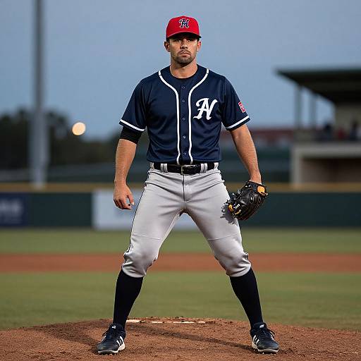 Photograph of a muscular male baseball pitcher in navy uniform, white pants, black socks, and red cap, standing on a mound at dusk.