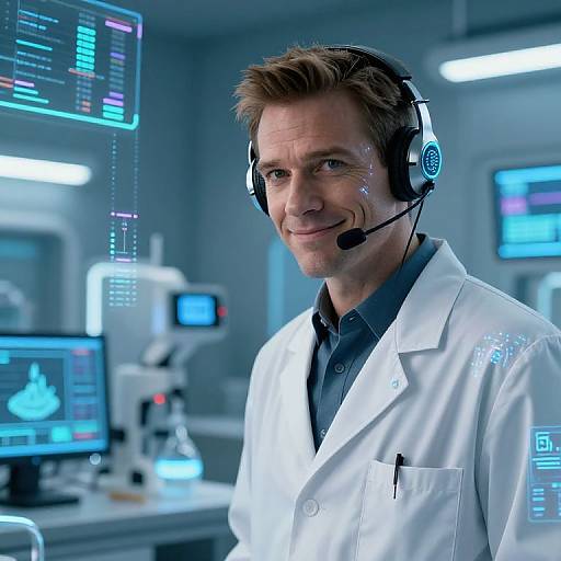 Photograph of a smiling Caucasian man in a white lab coat, headset, and blue shirt, standing in a modern, tech-filled laboratory.