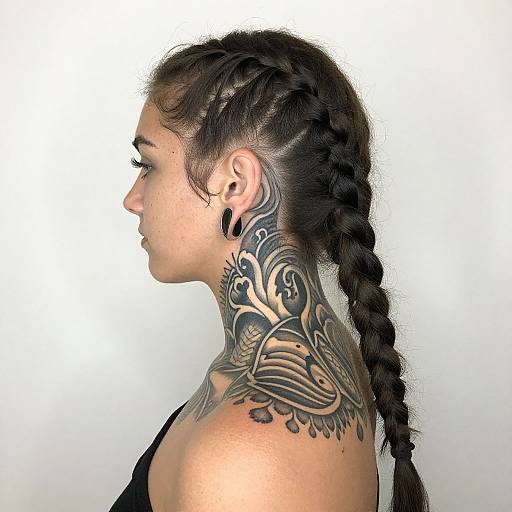 Photograph of a woman in profile, showing intricate black tribal tattoo on her neck and upper back, with braided black hair, white background.