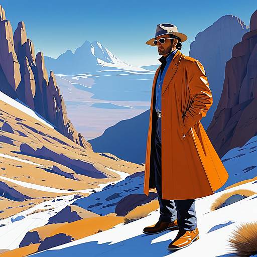 Enigmatic Time Traveler in Majestic Mountains