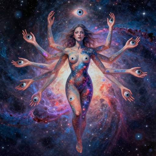 Digital artwork of a nude, multi-eyed, ethereal woman floating in space with cosmic colors, each arm ending in an eye, surrounded by nebula
