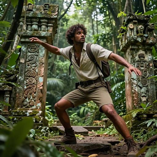 Photograph of a curly-haired, brown-skinned man in white shirt and khaki shorts, posing dynamically between ancient, moss-covered jungle ruins.