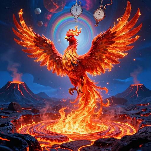 Digital artwork of a fiery, phoenix-like bird with outstretched wings, standing on a glowing, circular lava pit, surrounded by erupting volcanoes
