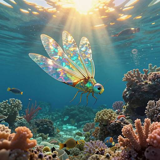 Underwater photograph of a vibrant, iridescent dragonfly with rainbow wings, hovering above colorful coral reefs and small fish, bathed in sunlight rays