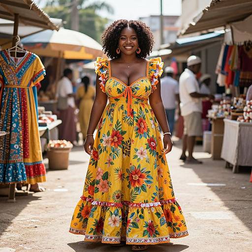 Confident Woman in Vibrant Floral Frock