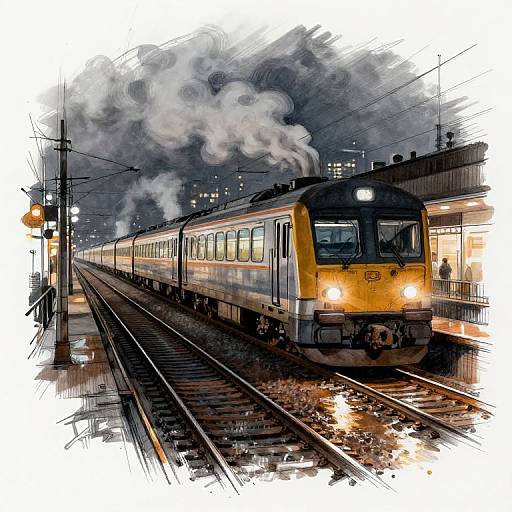 Digital illustration of a yellow and gray train emitting white smoke, parked on rain-slicked railway tracks at a dimly lit station at night. Urban