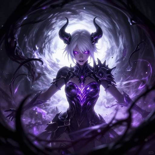Digital fantasy artwork of a white-haired, glowing purple-eyed demoness with black horns, intricate dark armor, and swirling purple energy, illuminated by a bright