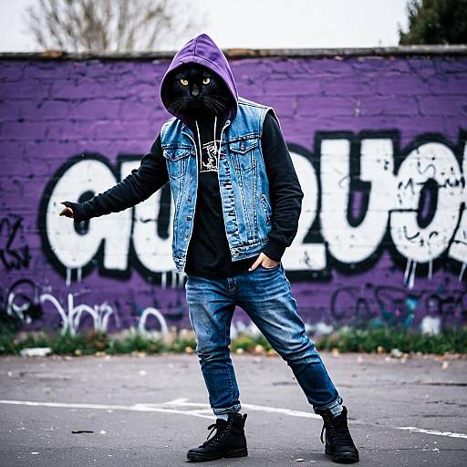 Anthropomorphic Black Cat in Denim Outfit Outdoors