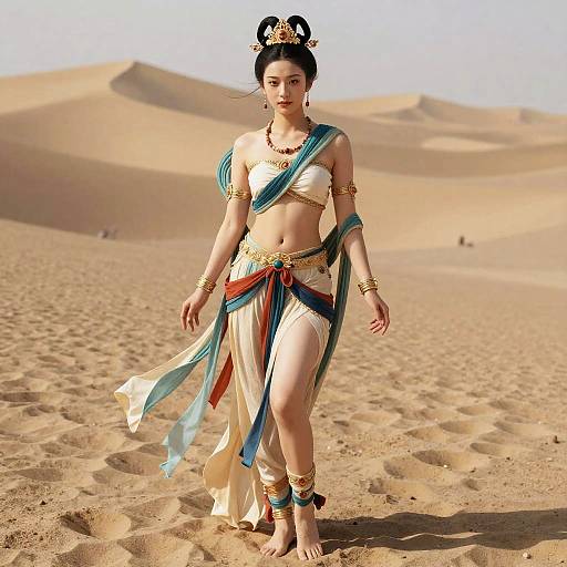 Woman in Dunhuang-inspired traditional costume in desert