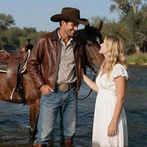Smiling Cowboy and Woman by River