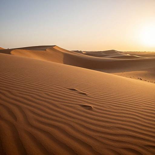 Photograph of a sunlit desert with rippled sand dunes, warm orange and yellow hues, and the sun setting in the clear sky.
