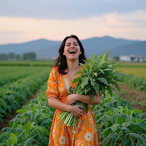 Photograph of a smiling woman with dark hair, wearing an orange floral dress, holding a bunch of kale in a lush green field, with mountains and