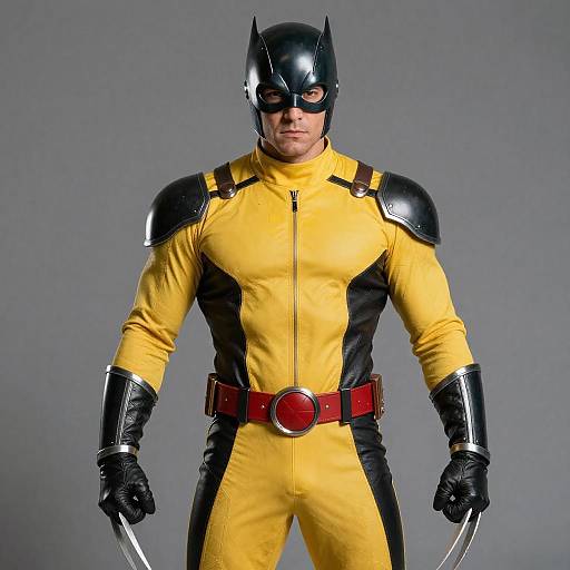 Photograph of a muscular man in a yellow and black superhero costume with black bat-like helmet, red belt, and black gloves, holding knives. Gray