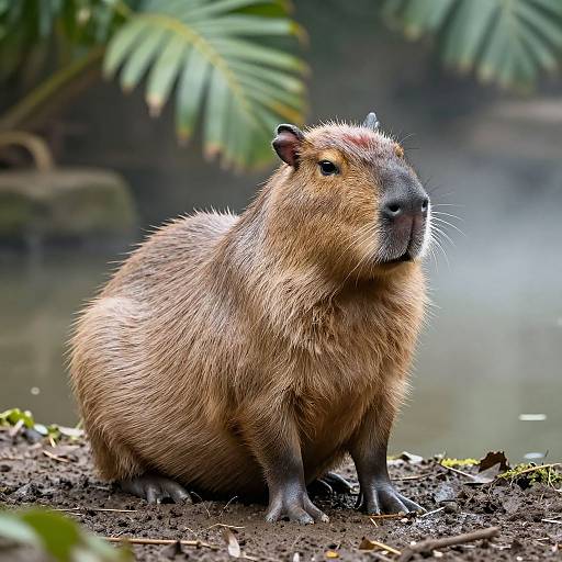 Photograph of a brown, fluffy-bearded capybara with dark snout and small ears, standing on muddy ground near a blurry water area with