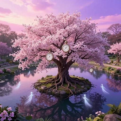 Surreal Garden Sanctuary with Dancing Timepieces