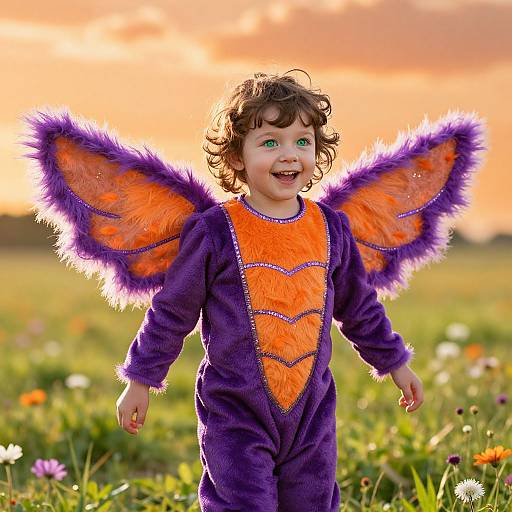 Photograph of a curly-haired toddler with green eyes, wearing a purple and orange butterfly costume, smiling in a sunset-lit meadow.