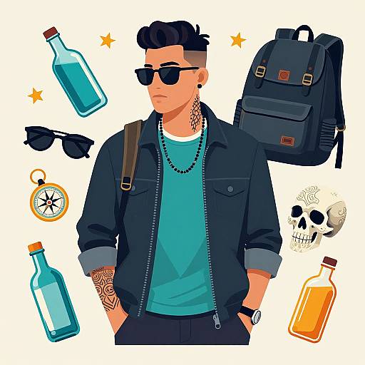 Digital illustration of a cool, tattooed man with black hair, sunglasses, black jacket, blue shirt, backpack, and accessories, surrounded by bottles,