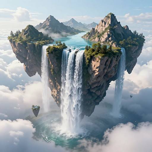 Digital artwork of a floating island with cascading waterfalls, surrounded by clouds and mountains, with a small island below. Vibrant blue sky overhead.