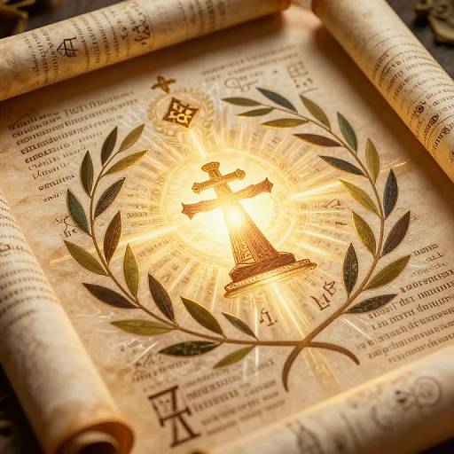 Photograph of illuminated cross with laurel wreath on aged parchment, surrounded by rolled scrolls, glowing warmly in golden light.